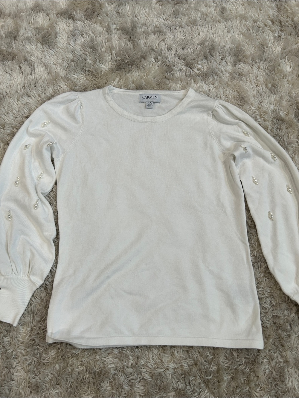 White Pearl-Accent Puff Sleeve Sweater